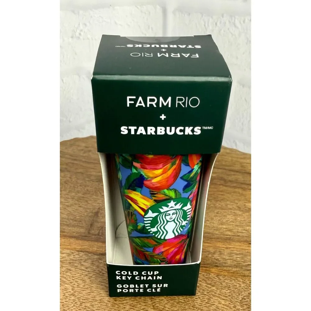 NIB Starbucks Plastic Cold Cup Keychain Farm Rio + Starbucks Banana Mixup